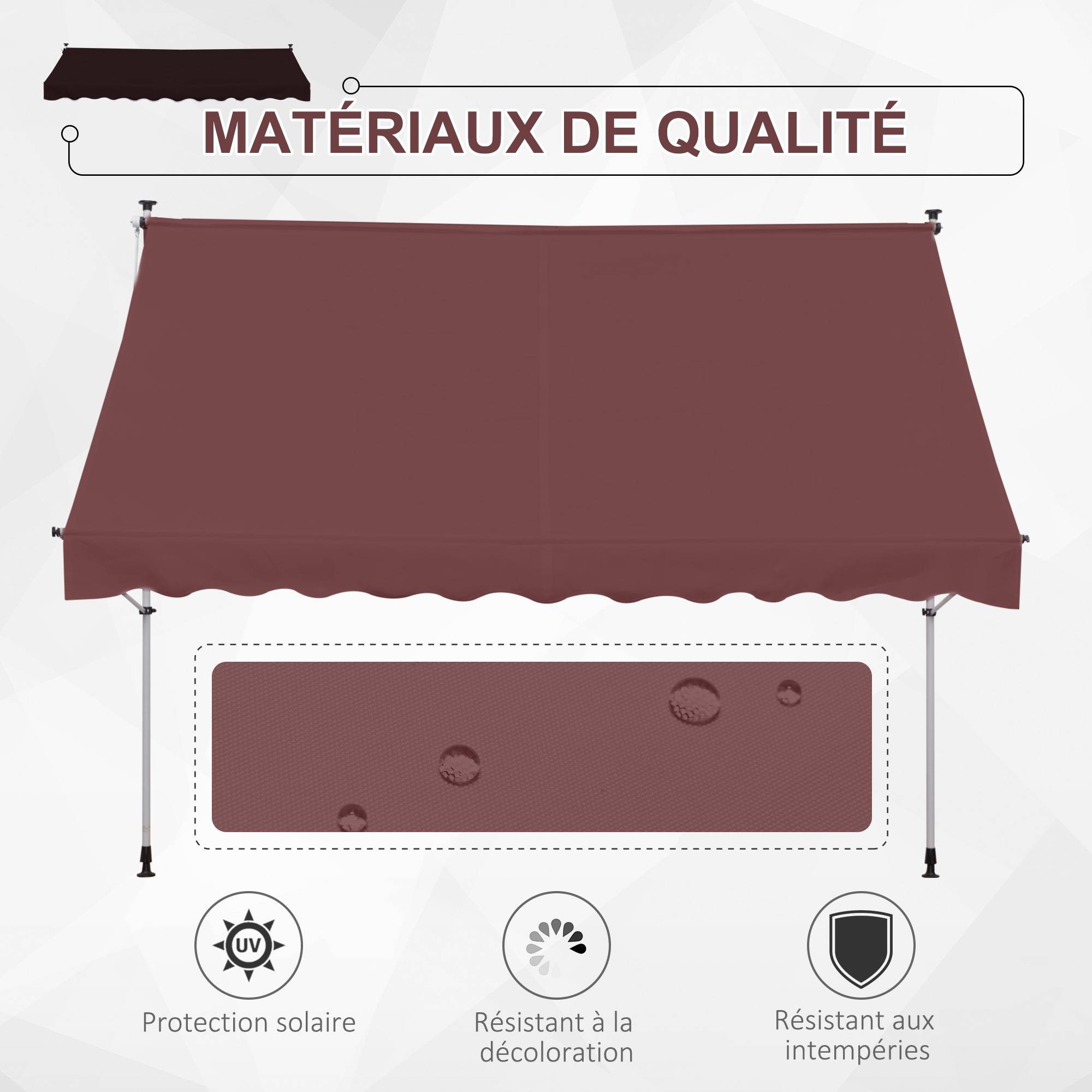Store Banne Manuel Rétractable 3 x 1,5 m, Sans Perçage, Hauteur et Inclinaison Réglables, Aluminium et Polyester Anti-UV, Bordeaux - Image 6