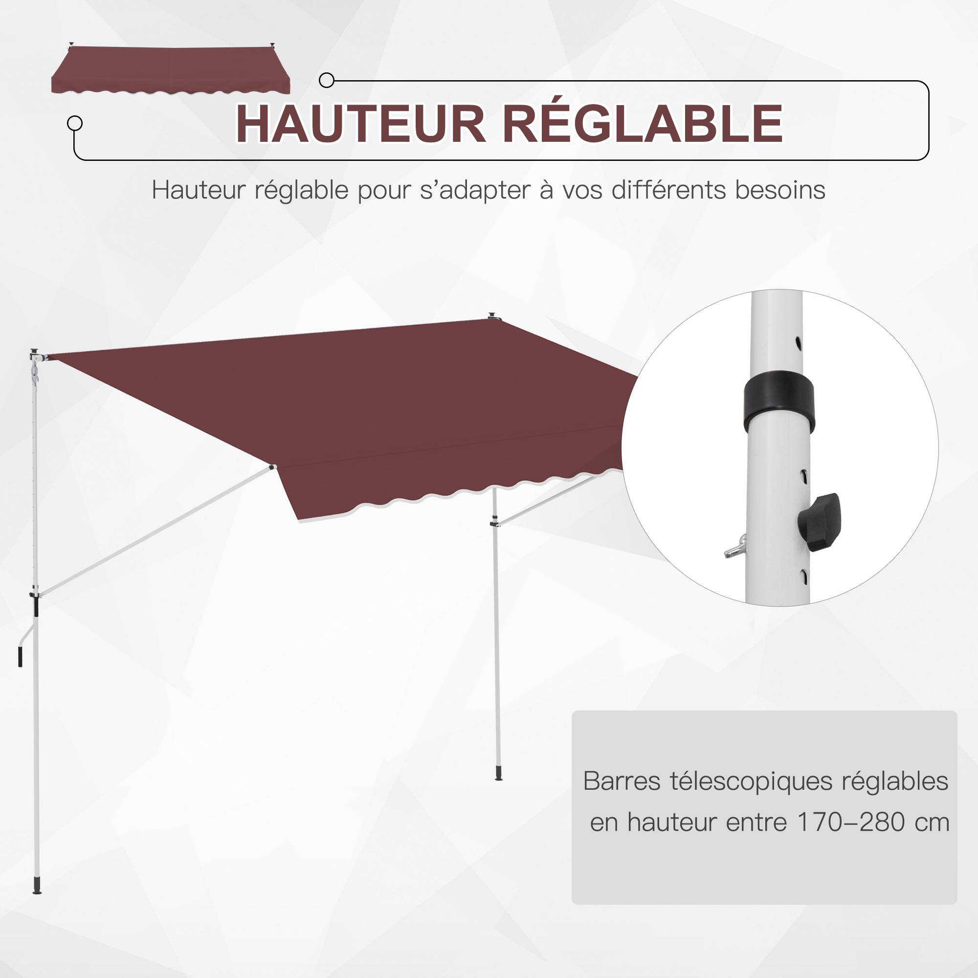Store Banne Manuel Rétractable 3 x 1,5 m, Sans Perçage, Hauteur et Inclinaison Réglables, Aluminium et Polyester Anti-UV, Bordeaux - Image 7