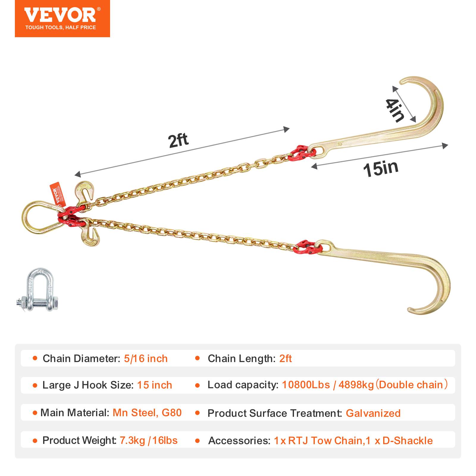 Vevor - Chaine de remorquage G80 8 mm x 60 cm, capacité 4 898 kg, crochets J et manille D, acier galvanisé pour dépannage et transport. - Image 6