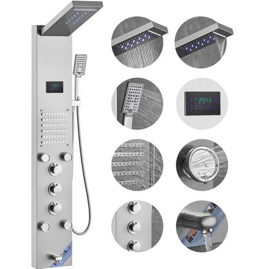VEVOR Panneau de douche 6 modes, hydroélectrique écran LED, pluie, cascade, 5 jets, pomme à main. - Image 1