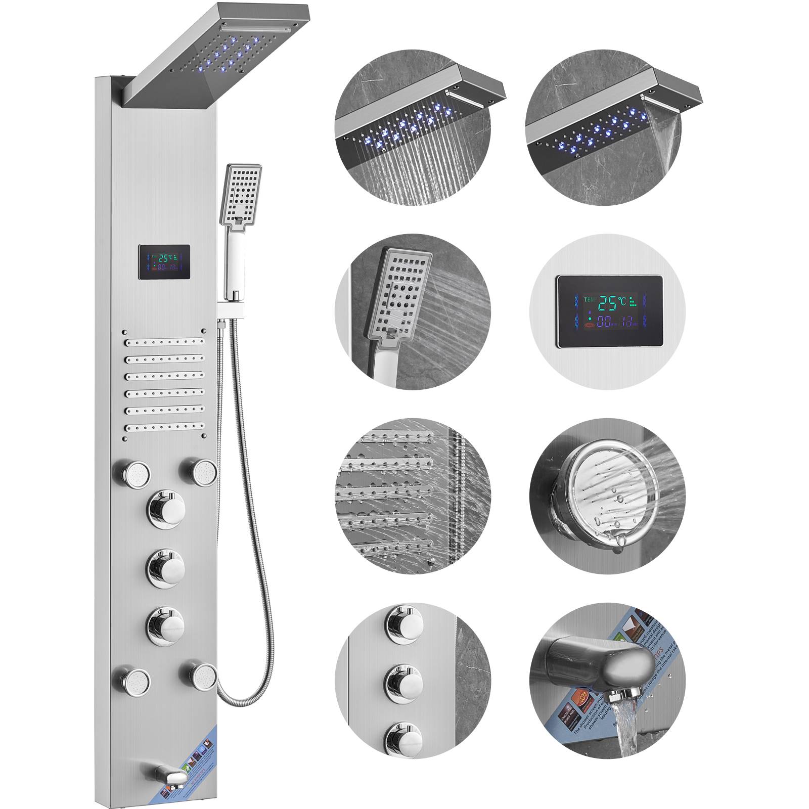VEVOR Panneau de douche 6 modes, hydroélectrique écran LED, pluie, cascade, 5 jets, pomme à main. - Image 1