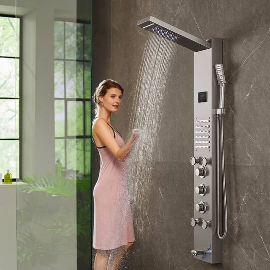 VEVOR Panneau de douche 6 modes, hydroélectrique écran LED, pluie, cascade, 5 jets, pomme à main. - Image 8