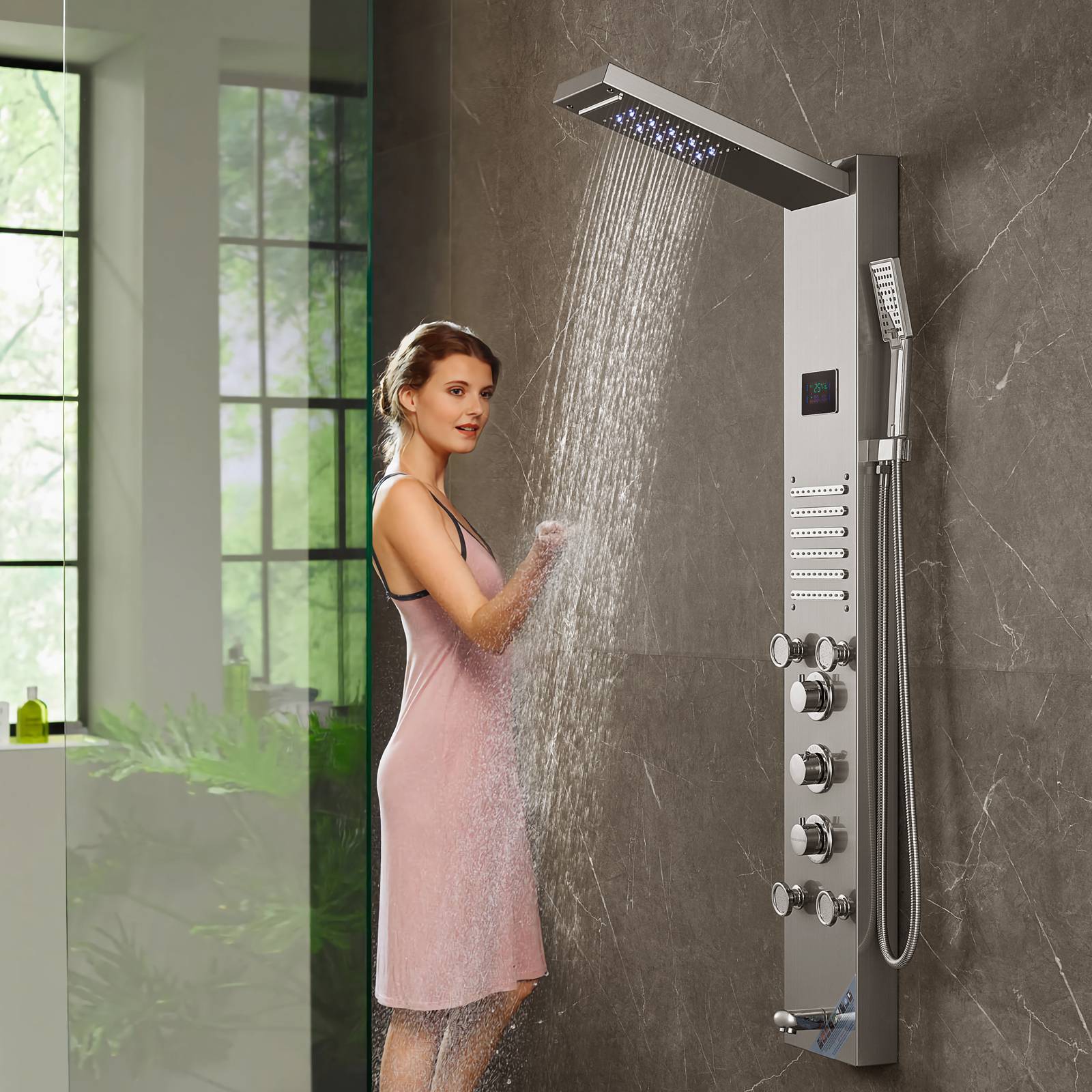 VEVOR Panneau de douche 6 modes, hydroélectrique écran LED, pluie, cascade, 5 jets, pomme à main. - Image 8