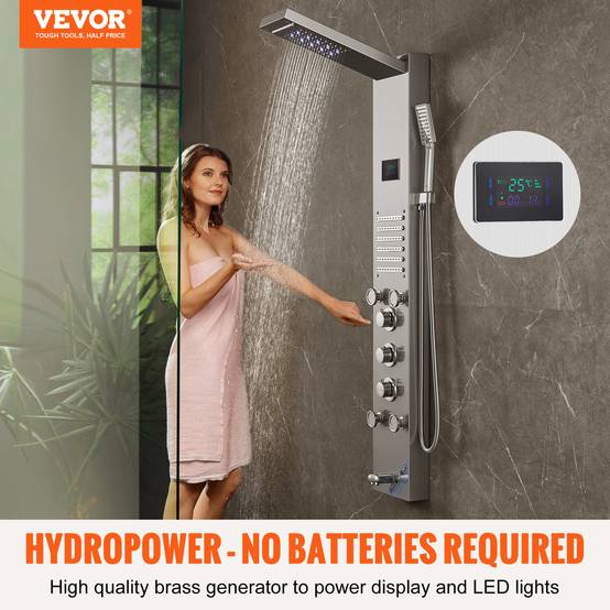 VEVOR Panneau de douche 6 modes, hydroélectrique écran LED, pluie, cascade, 5 jets, pomme à main. - Image 2