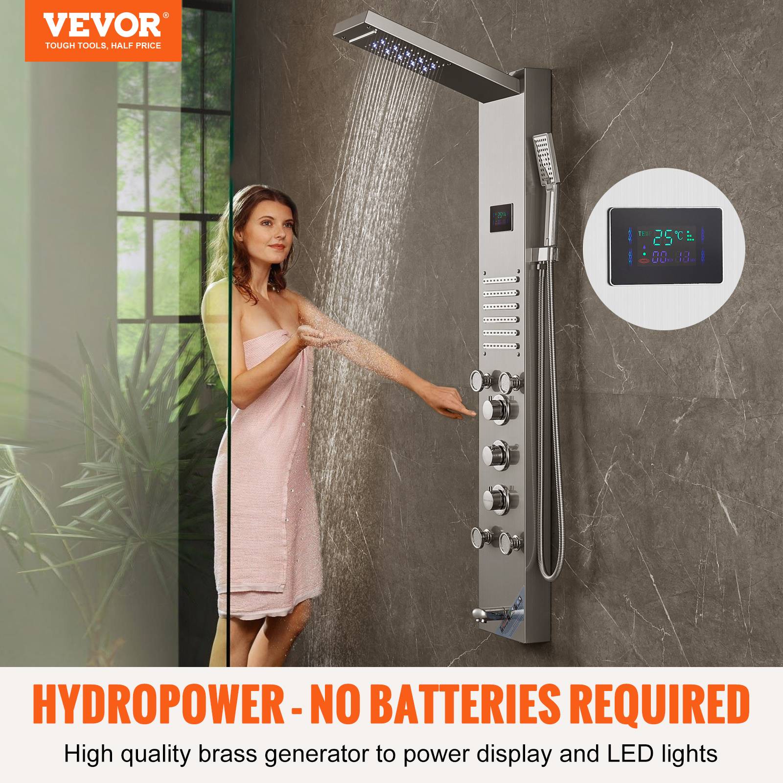 VEVOR Panneau de douche 6 modes, hydroélectrique écran LED, pluie, cascade, 5 jets, pomme à main. - Image 2