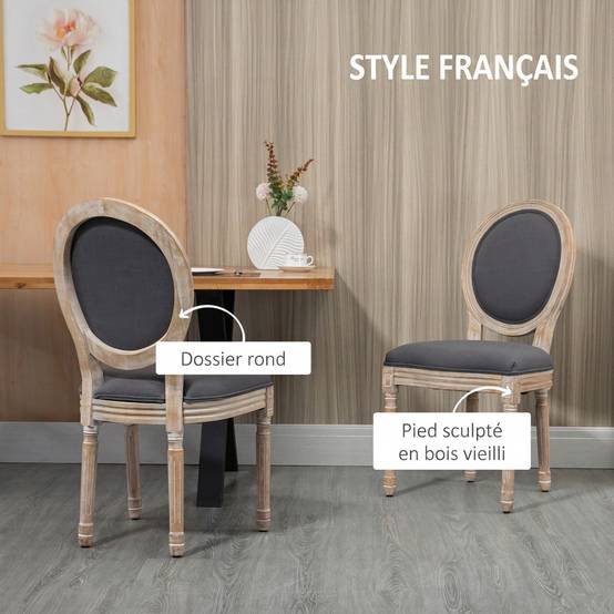 Lot de 2 Chaises de Salle à Manger, Chaises Médaillon Style Louis XVI, Assise et Dossier Rembourrés en Effet Lin, Gris - Image 6