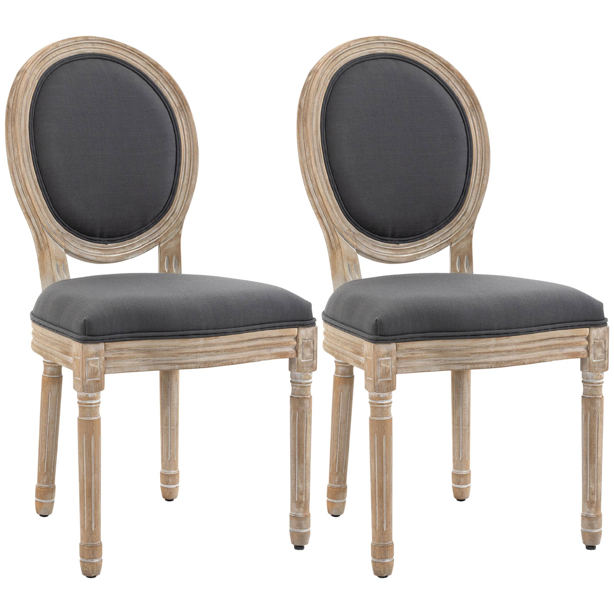 Lot de 2 Chaises de Salle à Manger, Chaises Médaillon Style Louis XVI, Assise et Dossier Rembourrés en Effet Lin, Gris - Image 1