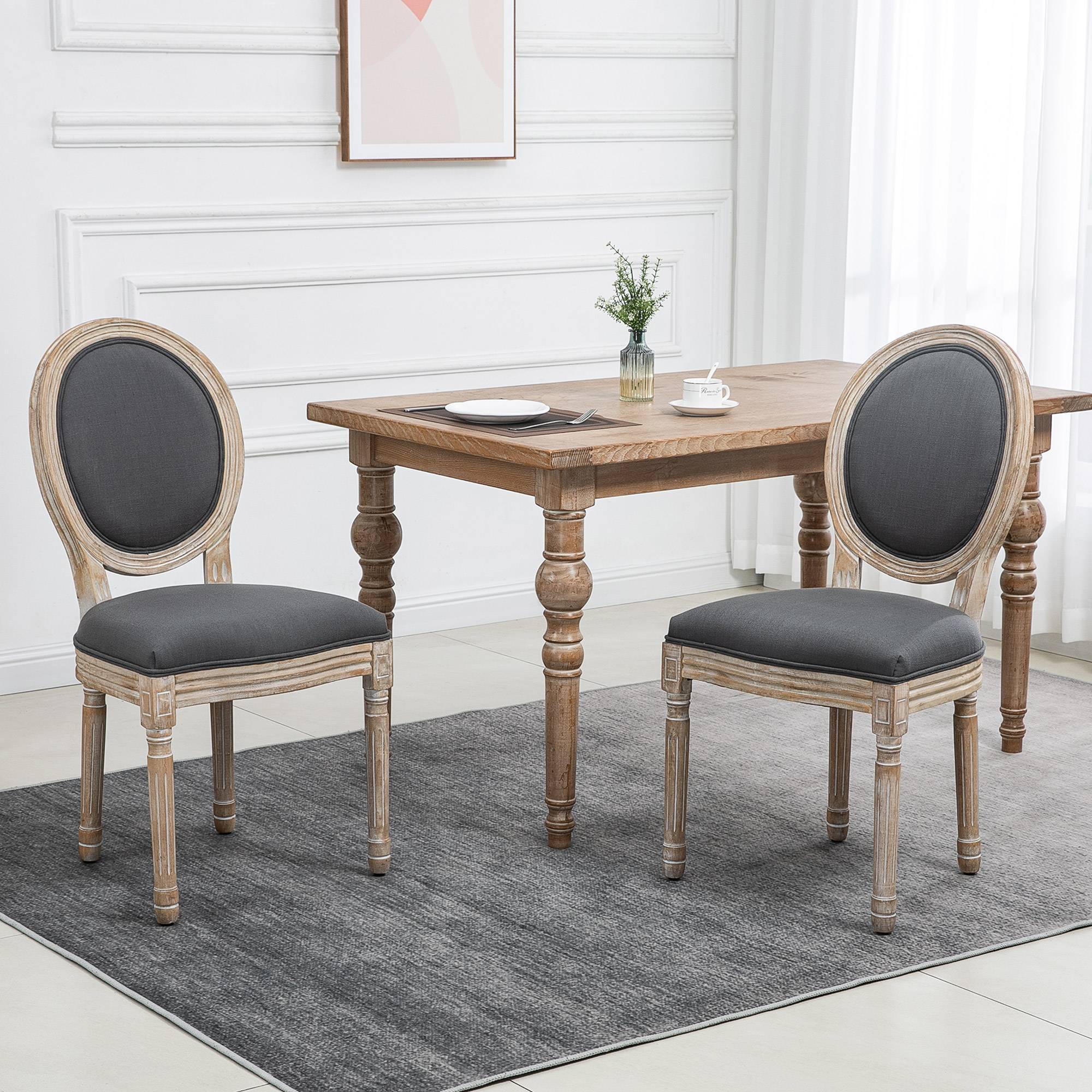 Lot de 2 Chaises de Salle à Manger, Chaises Médaillon Style Louis XVI, Assise et Dossier Rembourrés en Effet Lin, Gris - Image 3