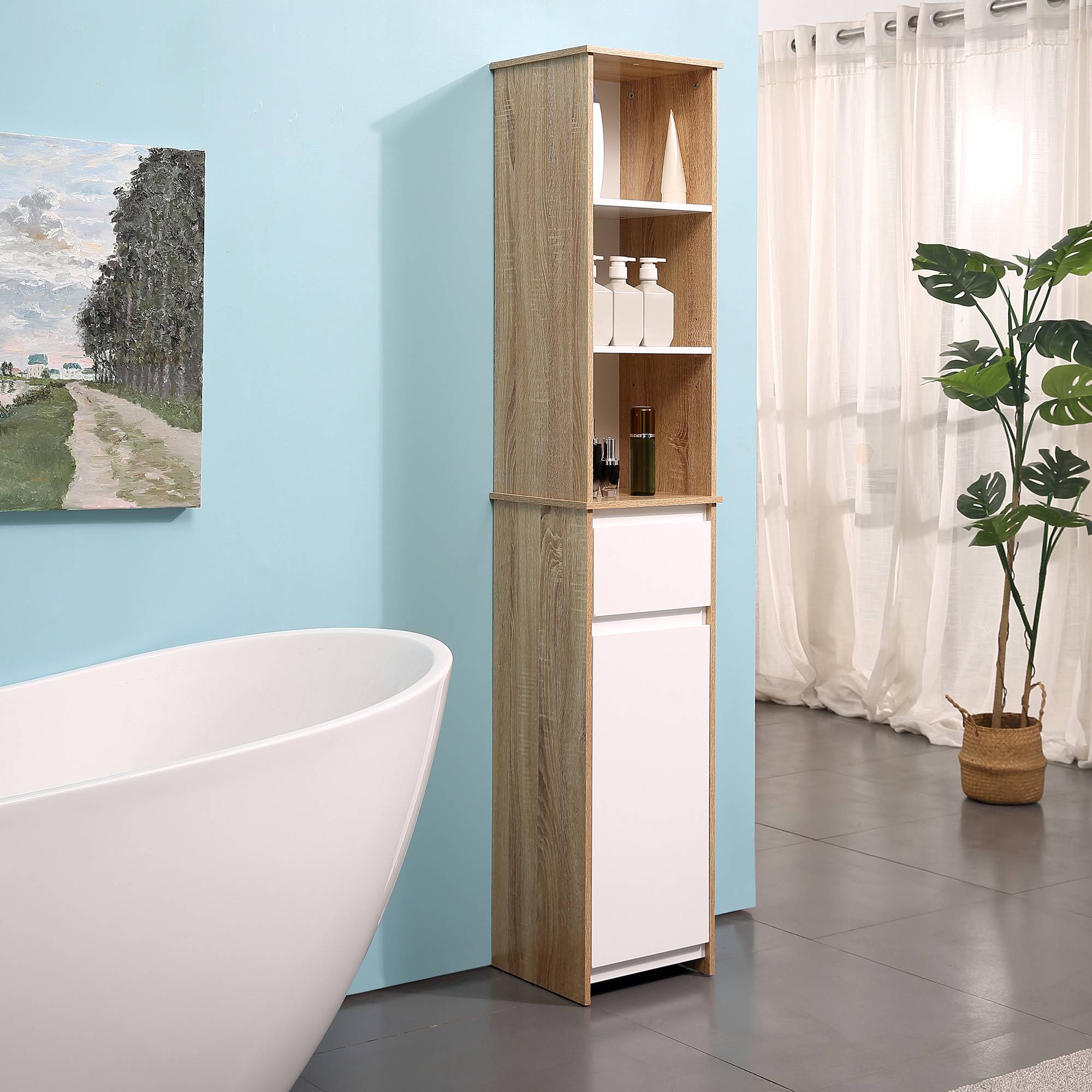Meuble WC avec porte papier toilette 3 niveaux et distributeur intégré, rangement salle de bain compact noir moderne - Image 4
