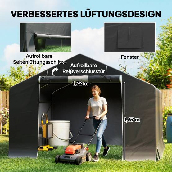 Abri de jardin portable, tente pour vélo, porte enroulable à fermeture éclair, cadre métallique, rangement polyvalent, gris foncé - Image 5