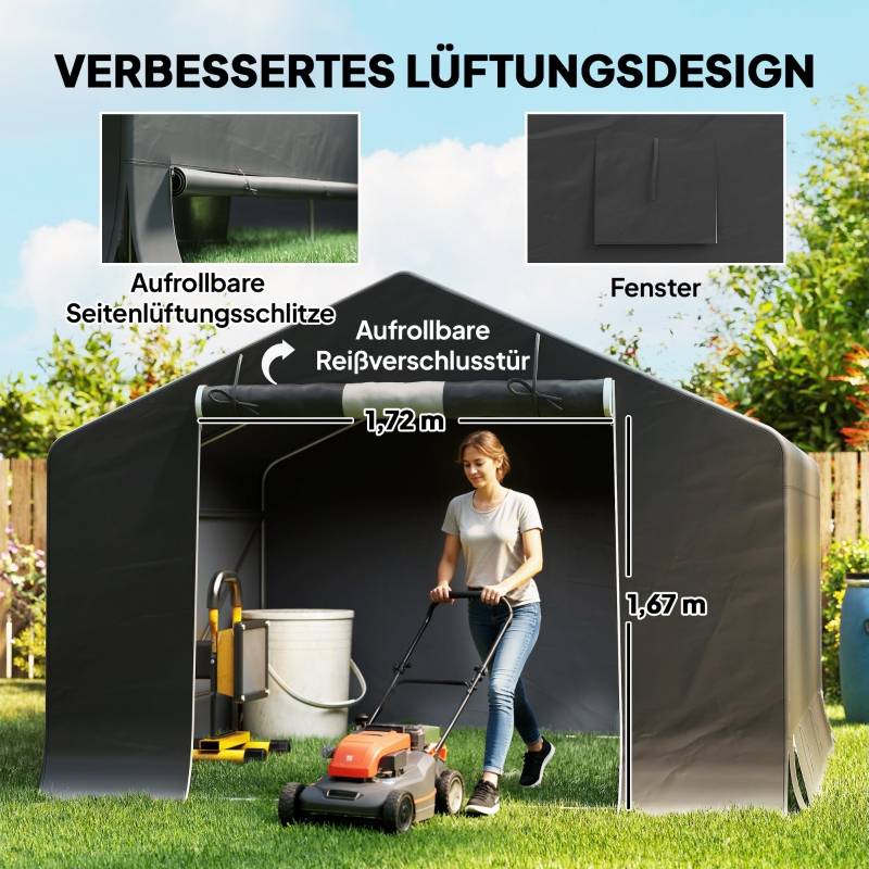 Abri de jardin portable, tente pour vélo, porte enroulable à fermeture éclair, cadre métallique, rangement polyvalent, gris foncé - Image 5