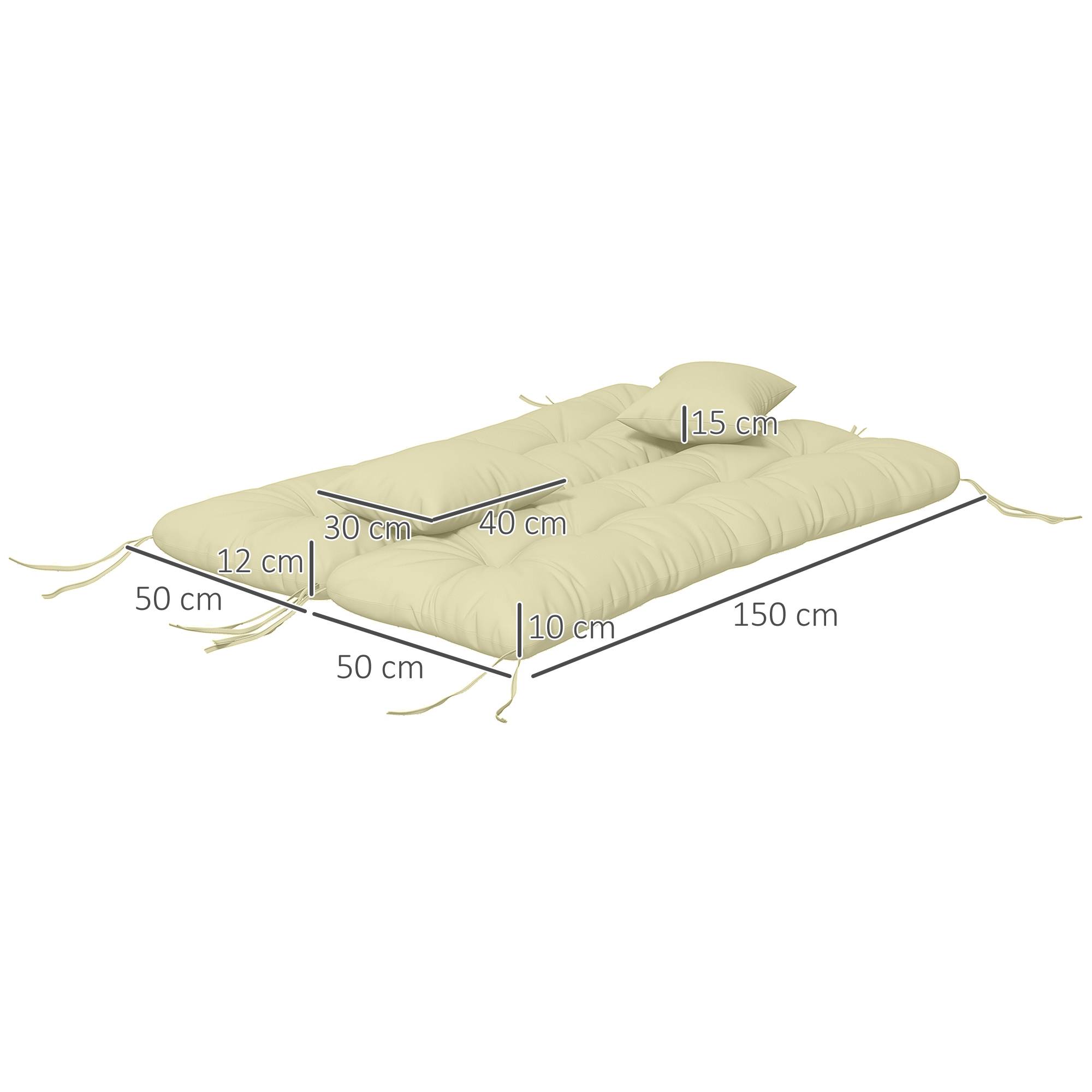 Lot de 4 coussins d'assise, 150 x 50 cm, coussins de chaise déperlants avec attaches, 10 cm d'épaisseur, blanc crème - Image 5