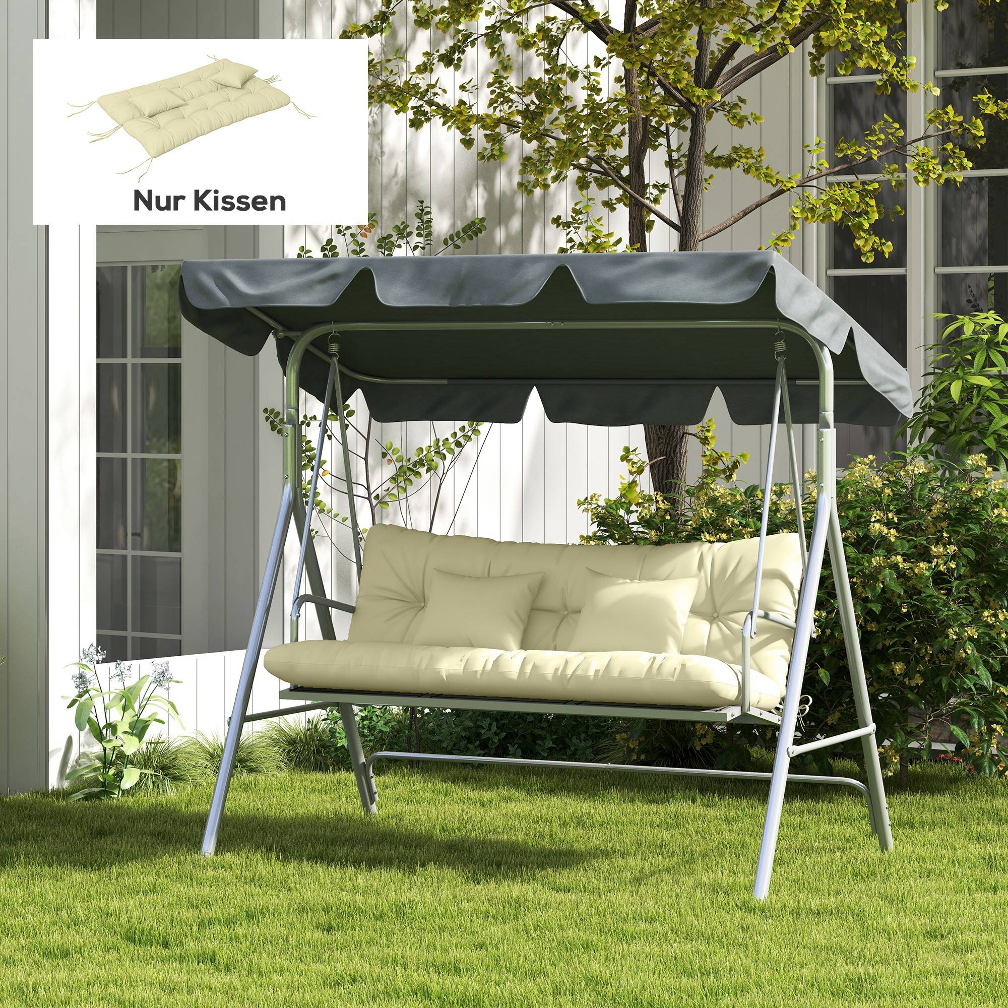 Lot de 4 coussins d'assise, 150 x 50 cm, coussins de chaise déperlants avec attaches, 10 cm d'épaisseur, blanc crème - Image 4