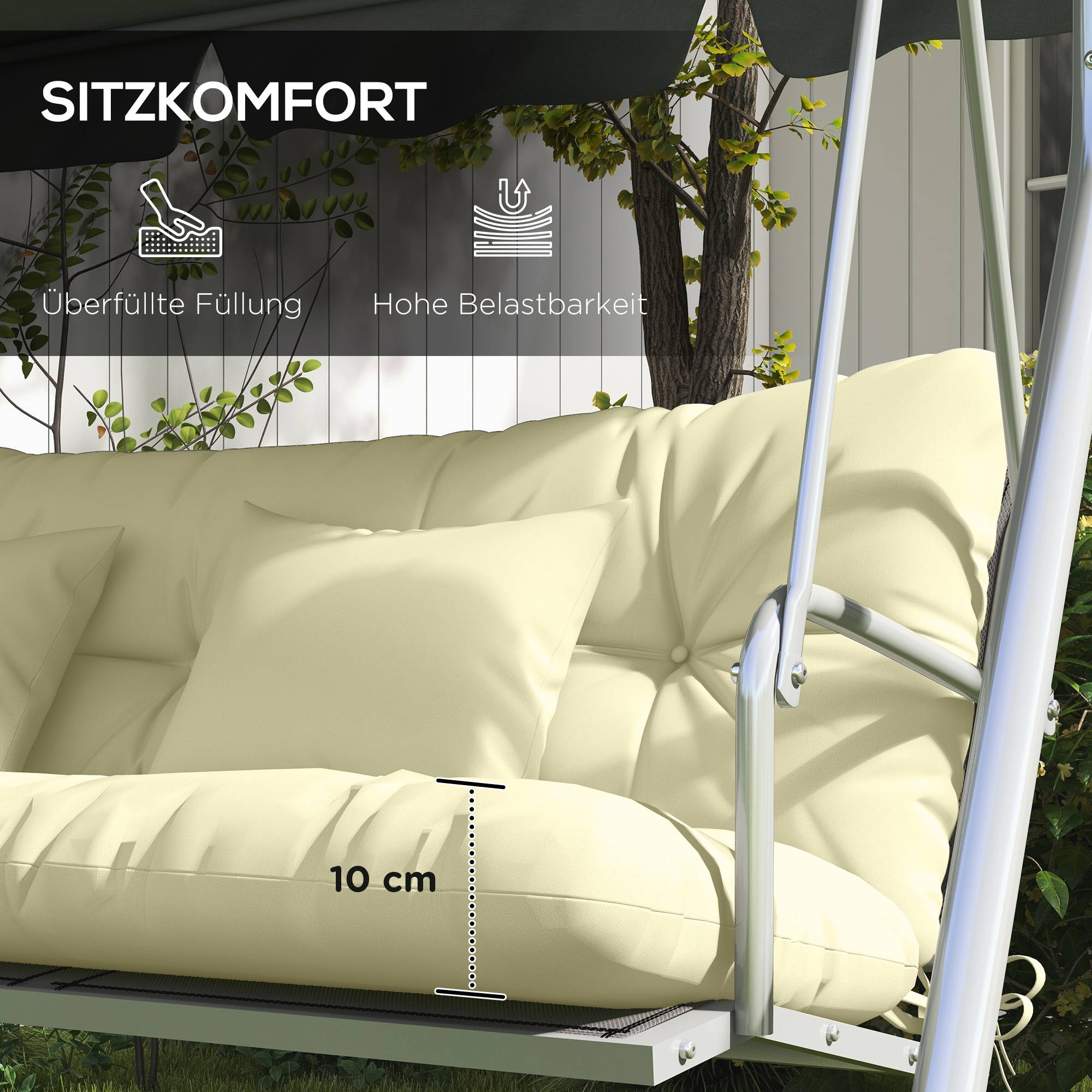 Lot de 4 coussins d'assise, 150 x 50 cm, coussins de chaise déperlants avec attaches, 10 cm d'épaisseur, blanc crème - Image 8