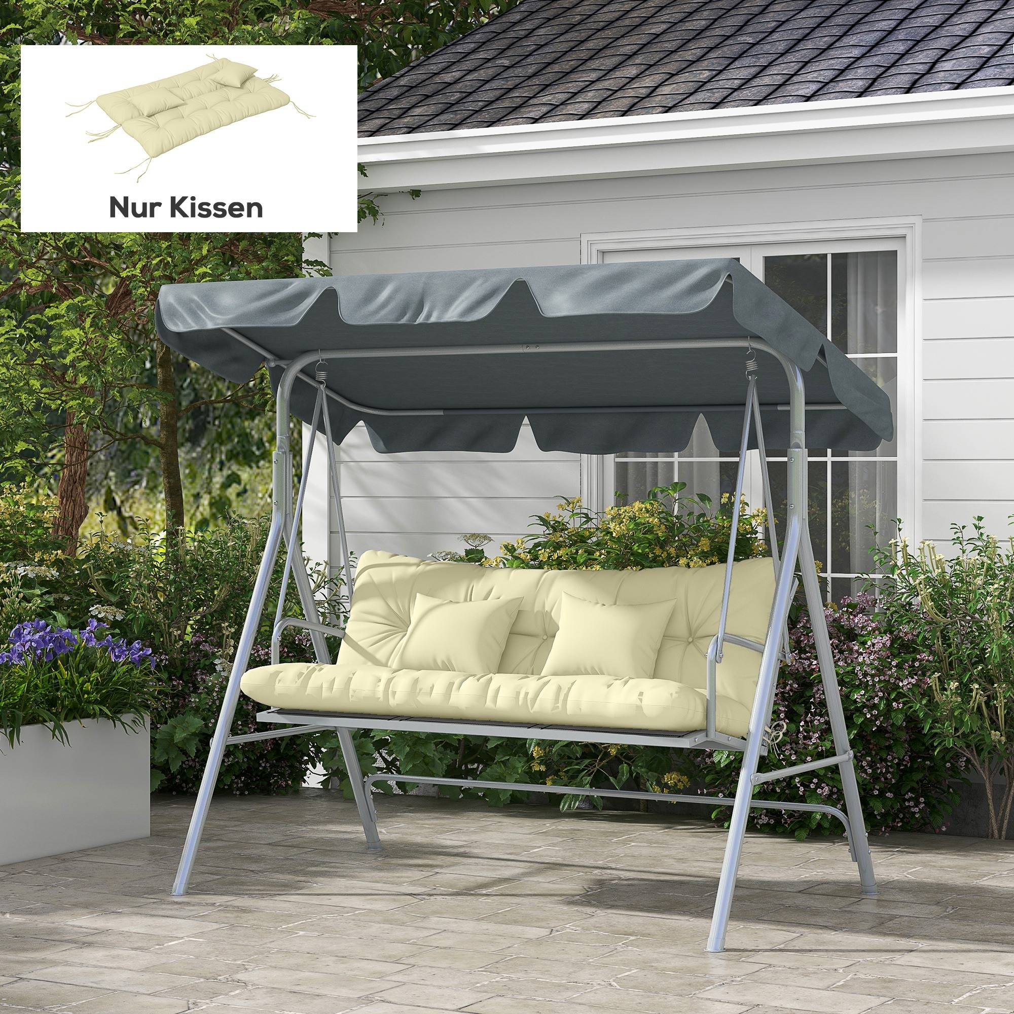 Lot de 4 coussins d'assise, 150 x 50 cm, coussins de chaise déperlants avec attaches, 10 cm d'épaisseur, blanc crème - Image 3