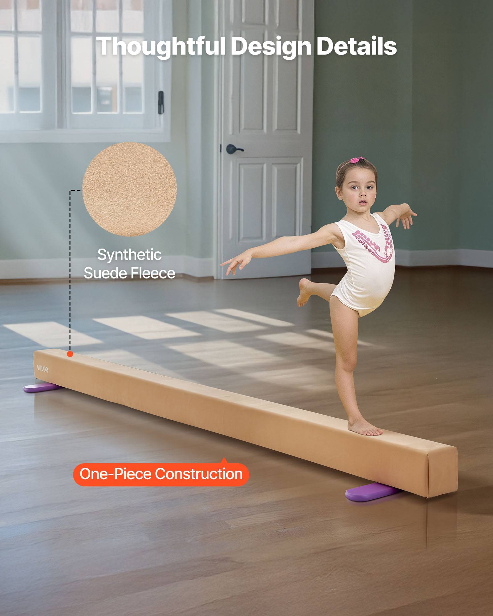 Vevor - VEVOR Poutre gymnastique pliable 2400 mm, bois massif, surface antidérapante en daim, charge max 158,7 kg, jaune - Image 2