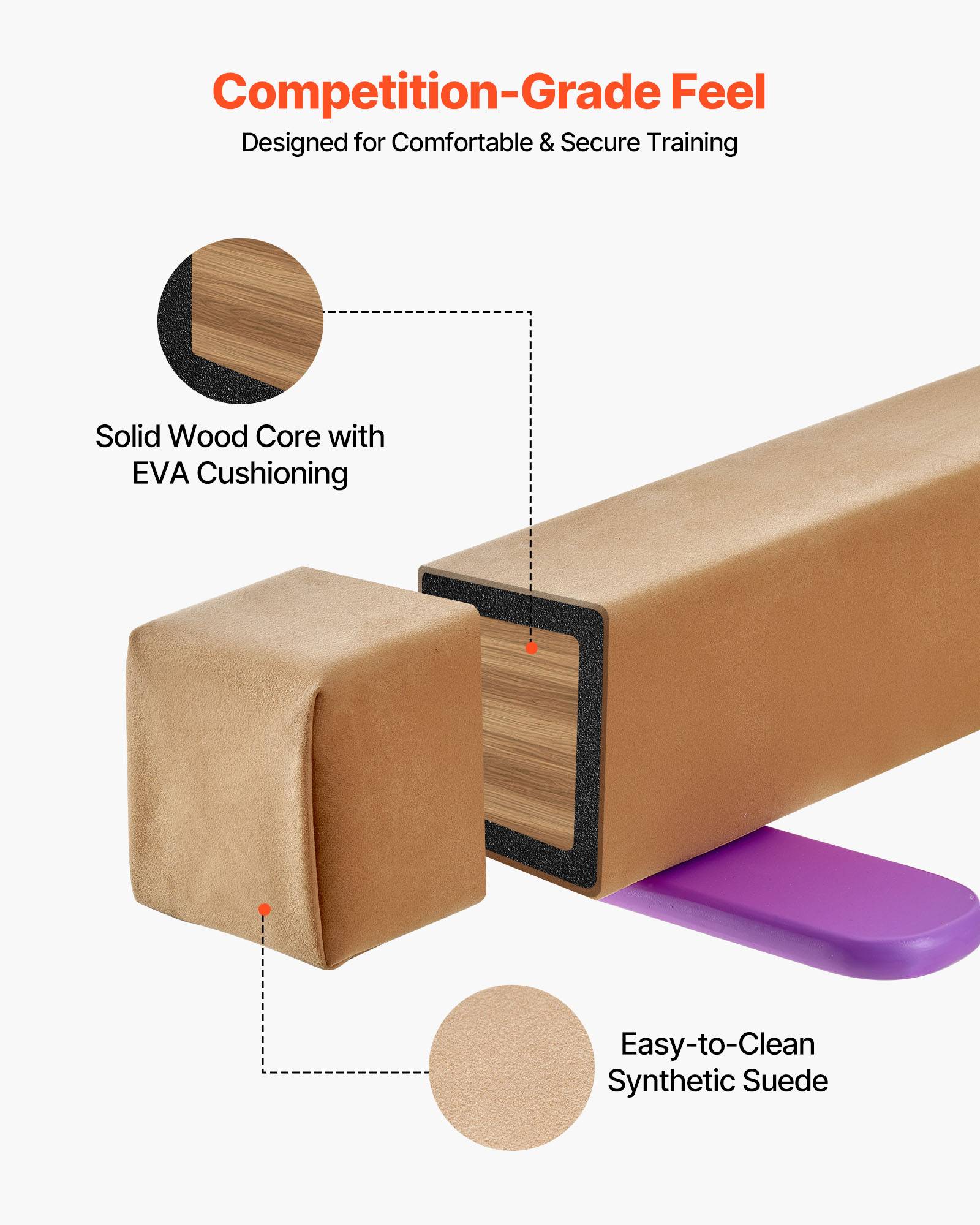 Vevor - VEVOR Poutre gymnastique pliable 2400 mm, bois massif, surface antidérapante en daim, charge max 158,7 kg, jaune - Image 3