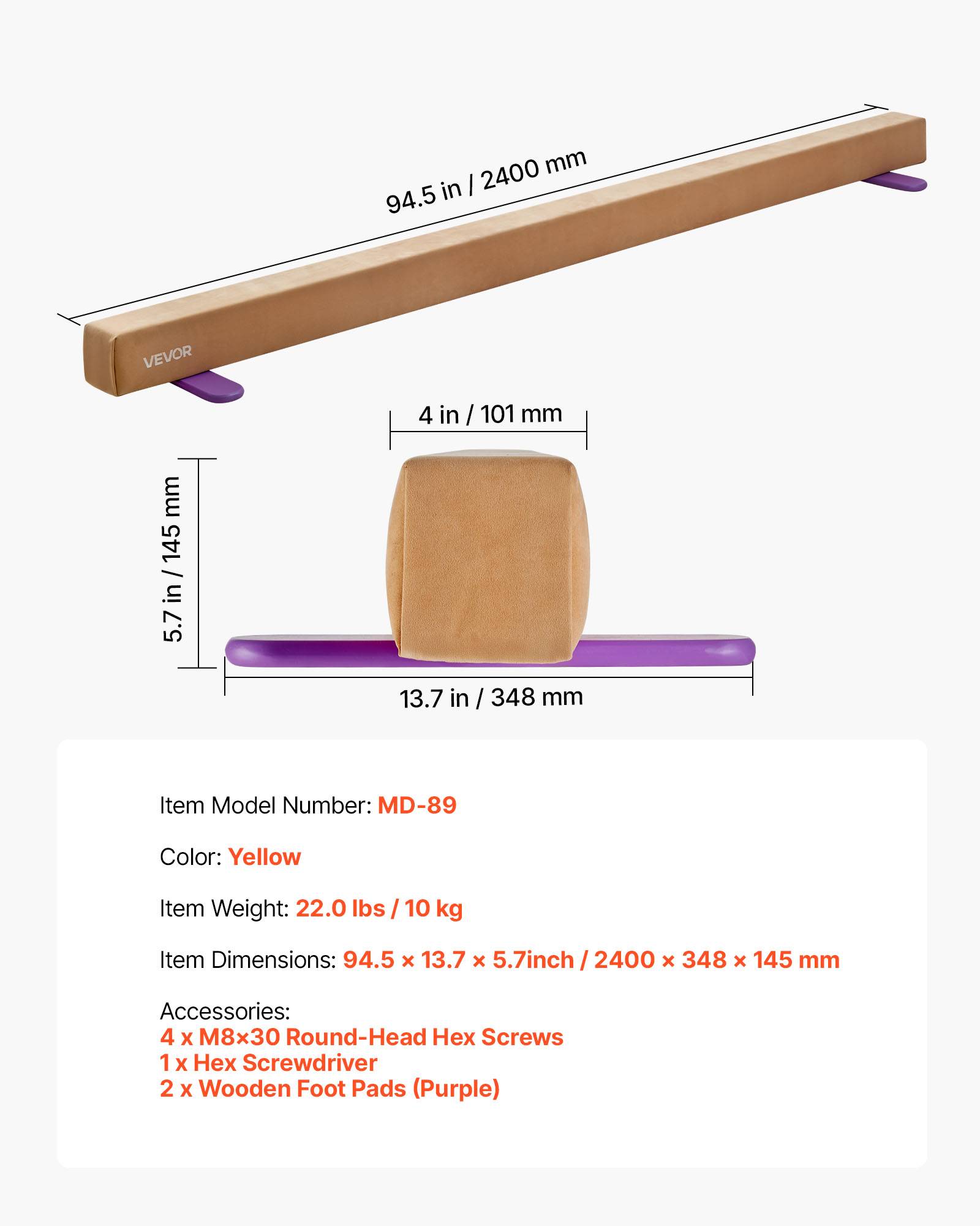 Vevor - VEVOR Poutre gymnastique pliable 2400 mm, bois massif, surface antidérapante en daim, charge max 158,7 kg, jaune - Image 6