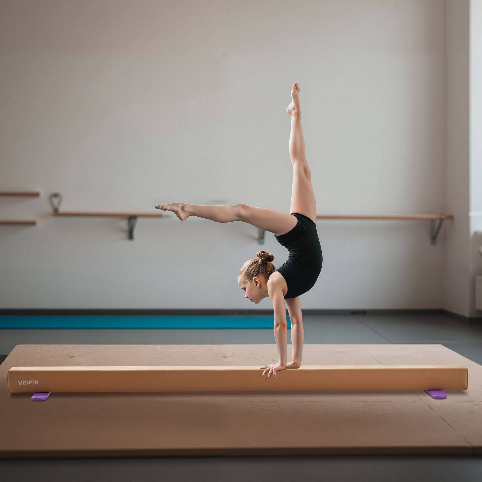 Vevor - VEVOR Poutre gymnastique pliable 2400 mm, bois massif, surface antidérapante en daim, charge max 158,7 kg, jaune - Image 8
