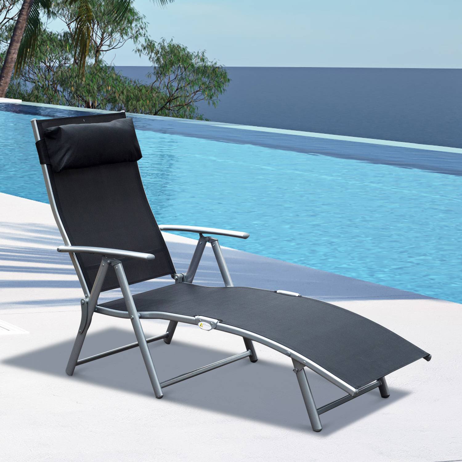 Outsunny - Bain de soleil pliable dossier inclinable multi-positions têtière fournie métal époxy textilène noir - Outsunny - Image 2