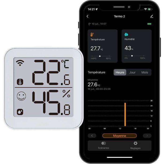 Thermomètre hygromètre Wi‑Fi Termo 2, grand écran LCD, indicateur sourire, alertes, blanc - Konyks - Image 2