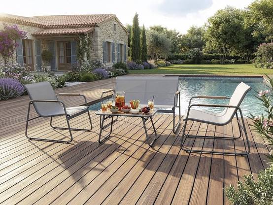 Salon De Jardin En Métal Avec Décor Imitation Bois "sparta" - 4 Places - Gris Clair -habitat Et Jardin - Image 2