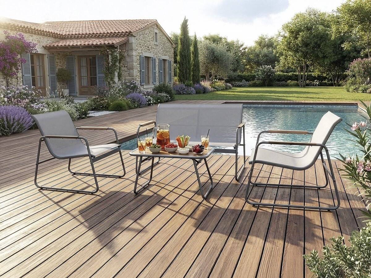 Salon De Jardin En Métal Avec Décor Imitation Bois "sparta" - 4 Places - Gris Clair -habitat Et Jardin - Image 2