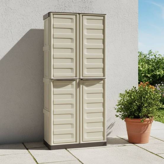 Dmora - Armoire d'extérieur Daldegan, Armoire de balcon polyvalente, armoire à balais 2 portes, 70x47h178 cm, Beige et Marron, Finition rayée - Dmora - Image 2