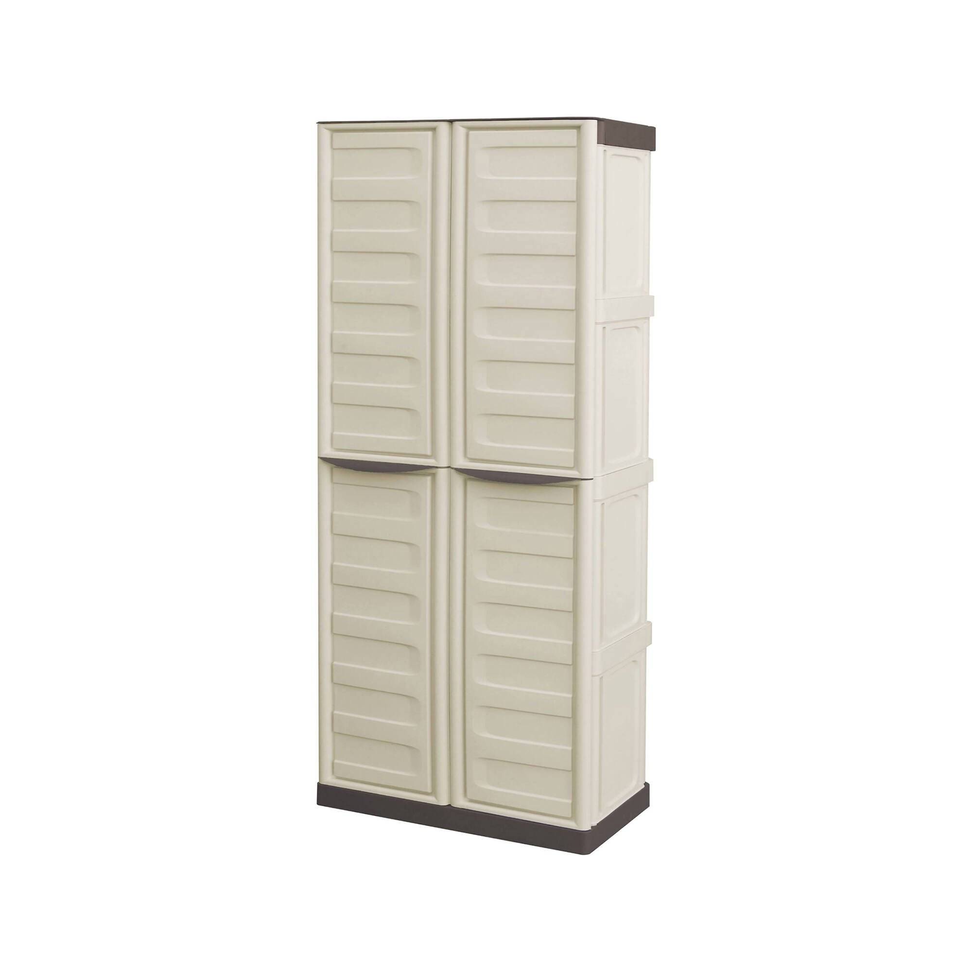 Dmora - Armoire d'extérieur Daldegan, Armoire de balcon polyvalente, armoire à balais 2 portes, 70x47h178 cm, Beige et Marron, Finition rayée - Dmora
