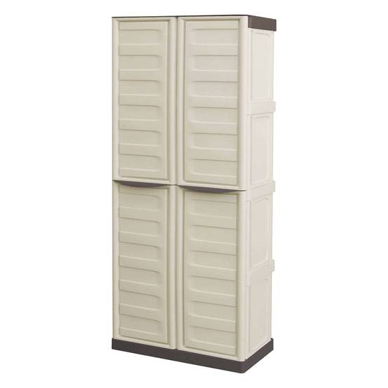 Dmora - Armoire d'extérieur Daldegan, Armoire de balcon polyvalente, armoire à balais 2 portes, 70x47h178 cm, Beige et Marron, Finition rayée - Dmora - Image 4