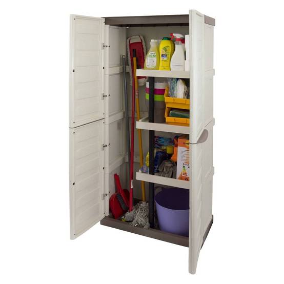 Dmora - Armoire d'extérieur Daldegan, Armoire de balcon polyvalente, armoire à balais 2 portes, 70x47h178 cm, Beige et Marron, Finition rayée - Dmora - Image 1