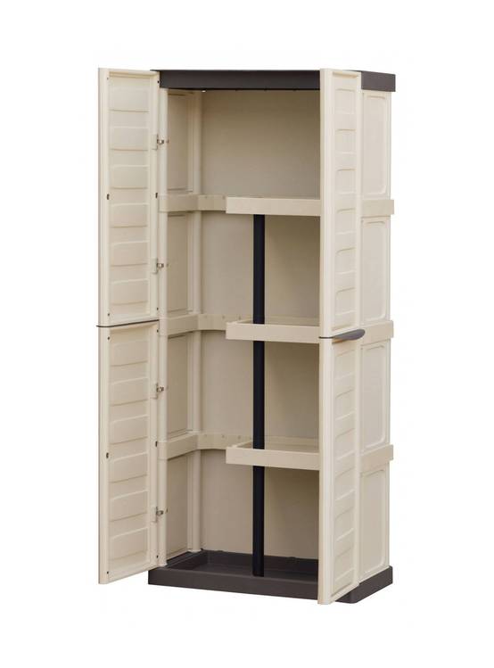 Dmora - Armoire d'extérieur Daldegan, Armoire de balcon polyvalente, armoire à balais 2 portes, 70x47h178 cm, Beige et Marron, Finition rayée - Dmora - Image 6