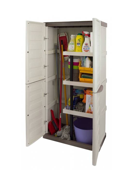 Dmora - Armoire d'extérieur Daldegan, Armoire de balcon polyvalente, armoire à balais 2 portes, 70x47h178 cm, Beige et Marron, Finition rayée - Dmora - Image 5