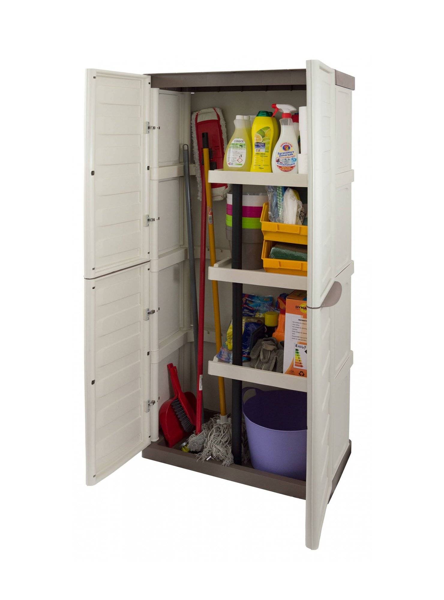 Dmora - Armoire d'extérieur Daldegan, Armoire de balcon polyvalente, armoire à balais 2 portes, 70x47h178 cm, Beige et Marron, Finition rayée - Dmora - Image 5