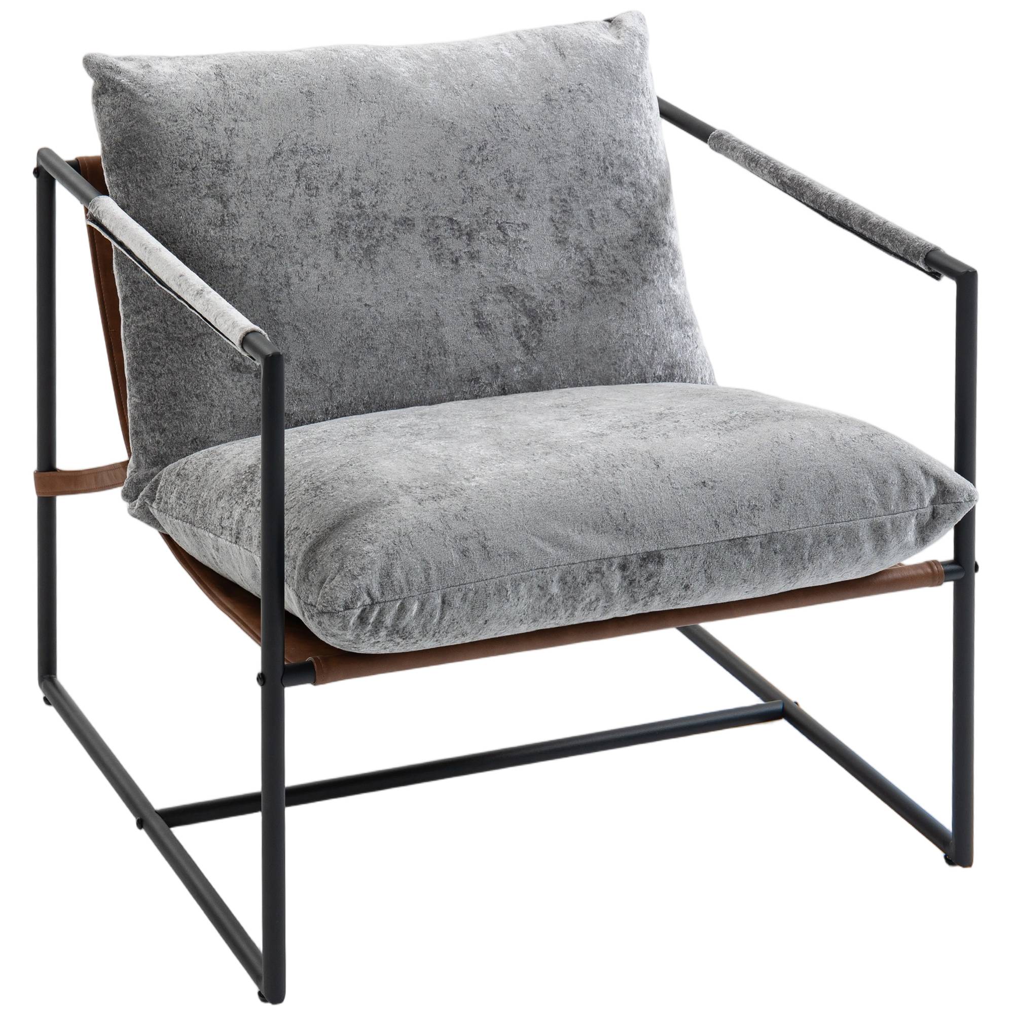 Fauteuil salon, fauteuil d'appoint rembourré en velours imprimé, large assise et structure en acier, 77x91x80cm, gris - Image 1