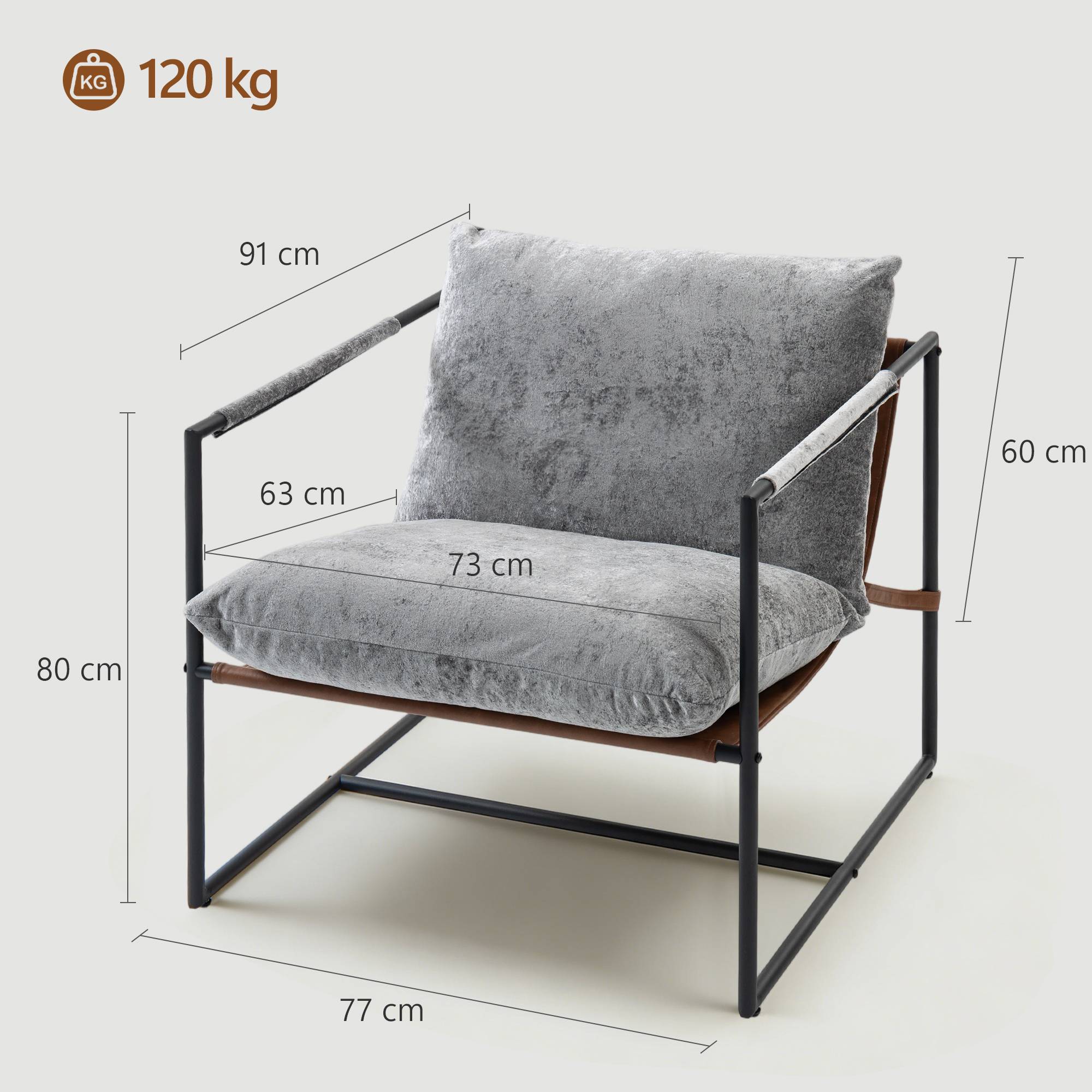 Fauteuil salon, fauteuil d'appoint rembourré en velours imprimé, large assise et structure en acier, 77x91x80cm, gris - Image 5