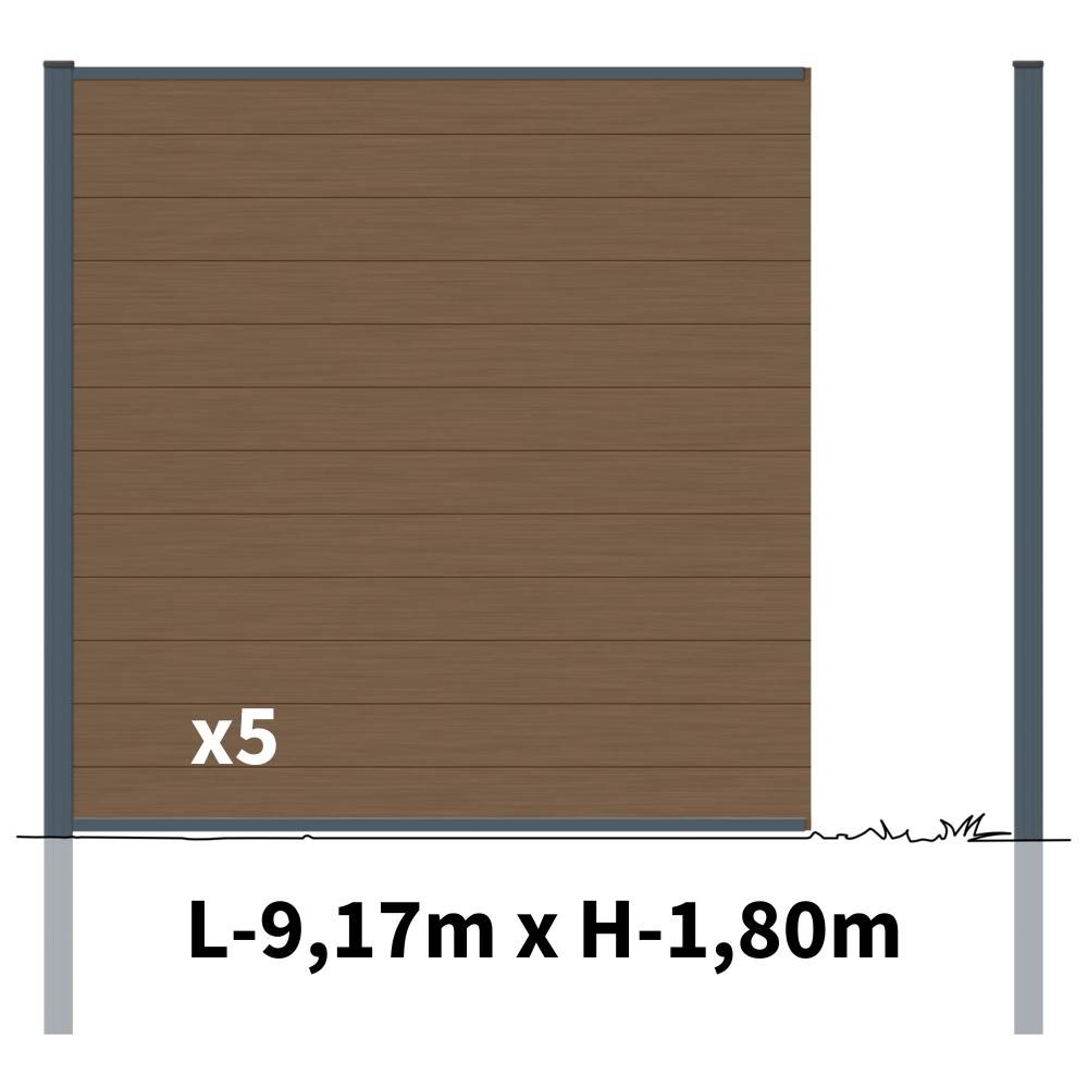 Kit Clôture Bois Composite Bronze 9x1,8m RIO - Poteaux en Aluminium Gris - Brise Vue - Palissade - Image 2