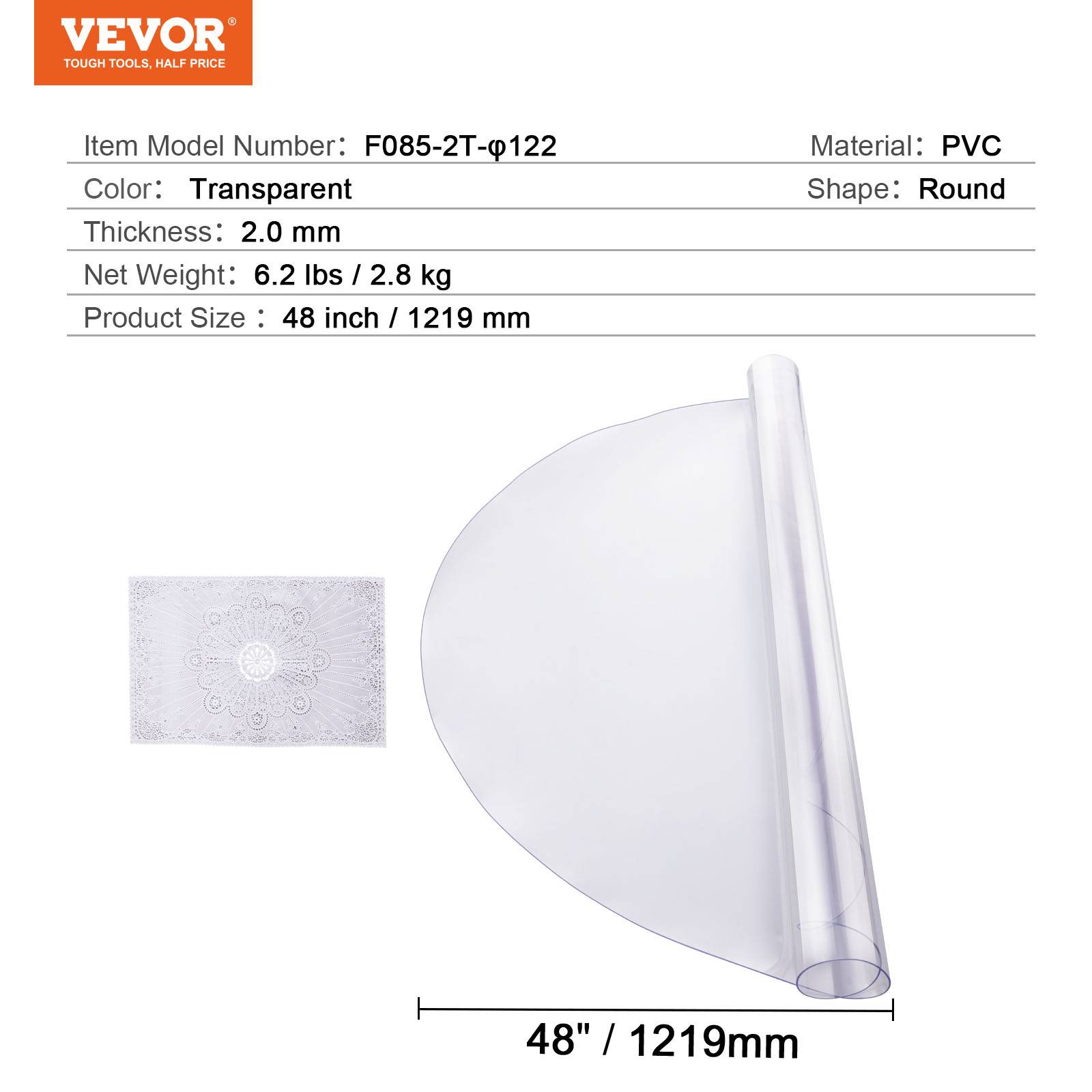 Vevor - VEVOR Protection table PVC transparent, 48x48", 2.0mm, ronde, imperméable, bureau, salle à manger. - Image 7
