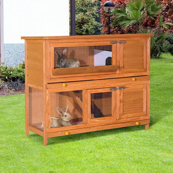 Clapier Extérieur en Bois de Sapin à 2 Niveaux Toit Bitumé Étanche pour Lapins 120cm Naturel - ComfortXL Outdoor Living - Image 4
