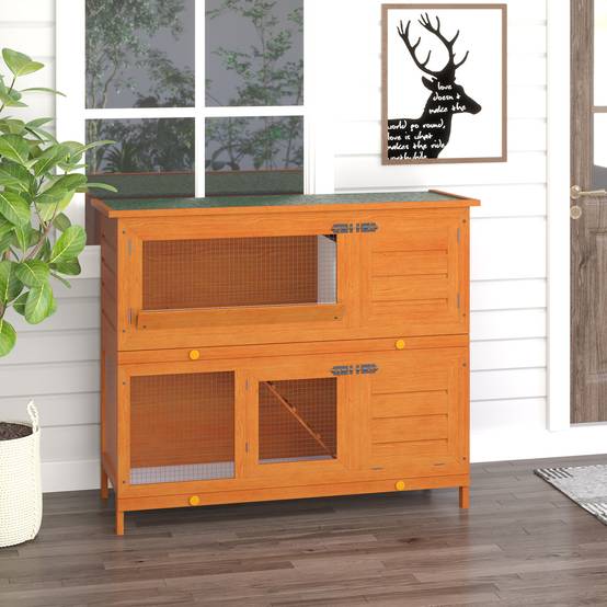 Clapier Extérieur en Bois de Sapin à 2 Niveaux Toit Bitumé Étanche pour Lapins 120cm Naturel - ComfortXL Outdoor Living - Image 3
