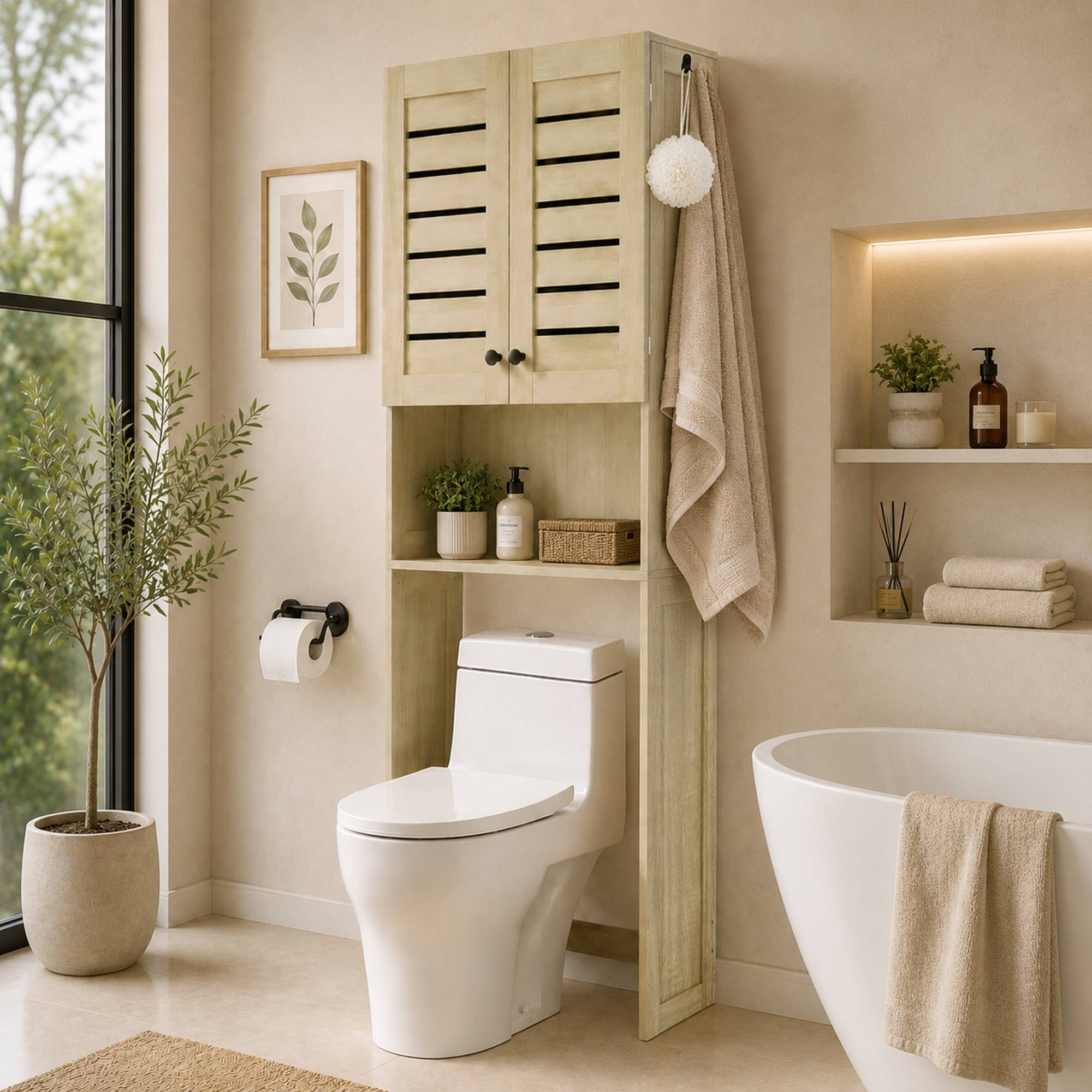 Sans Marque - Meuble WC dessus toilettes/lave-linge armoire double porte portes stores 67x31,5x190 cm chêne - Image 3
