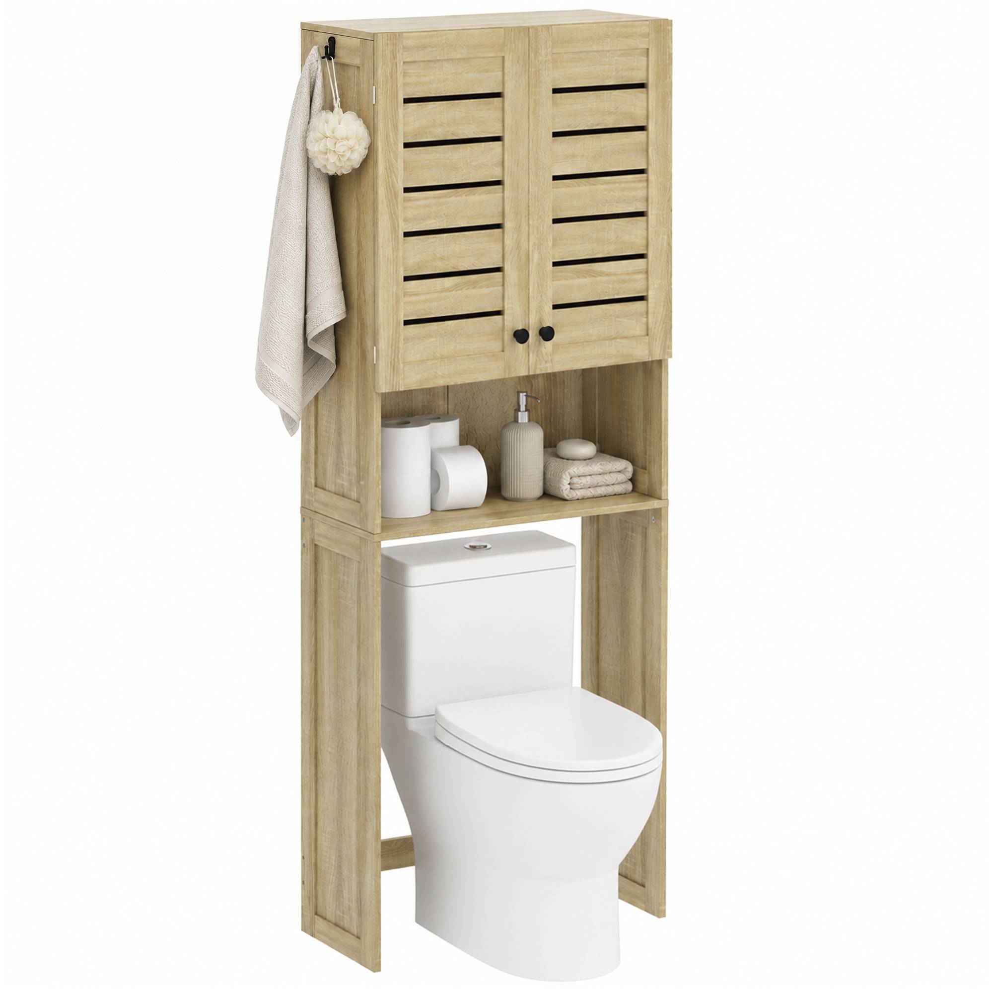 Sans Marque - Meuble WC dessus toilettes/lave-linge armoire double porte portes stores 67x31,5x190 cm chêne - Image 1