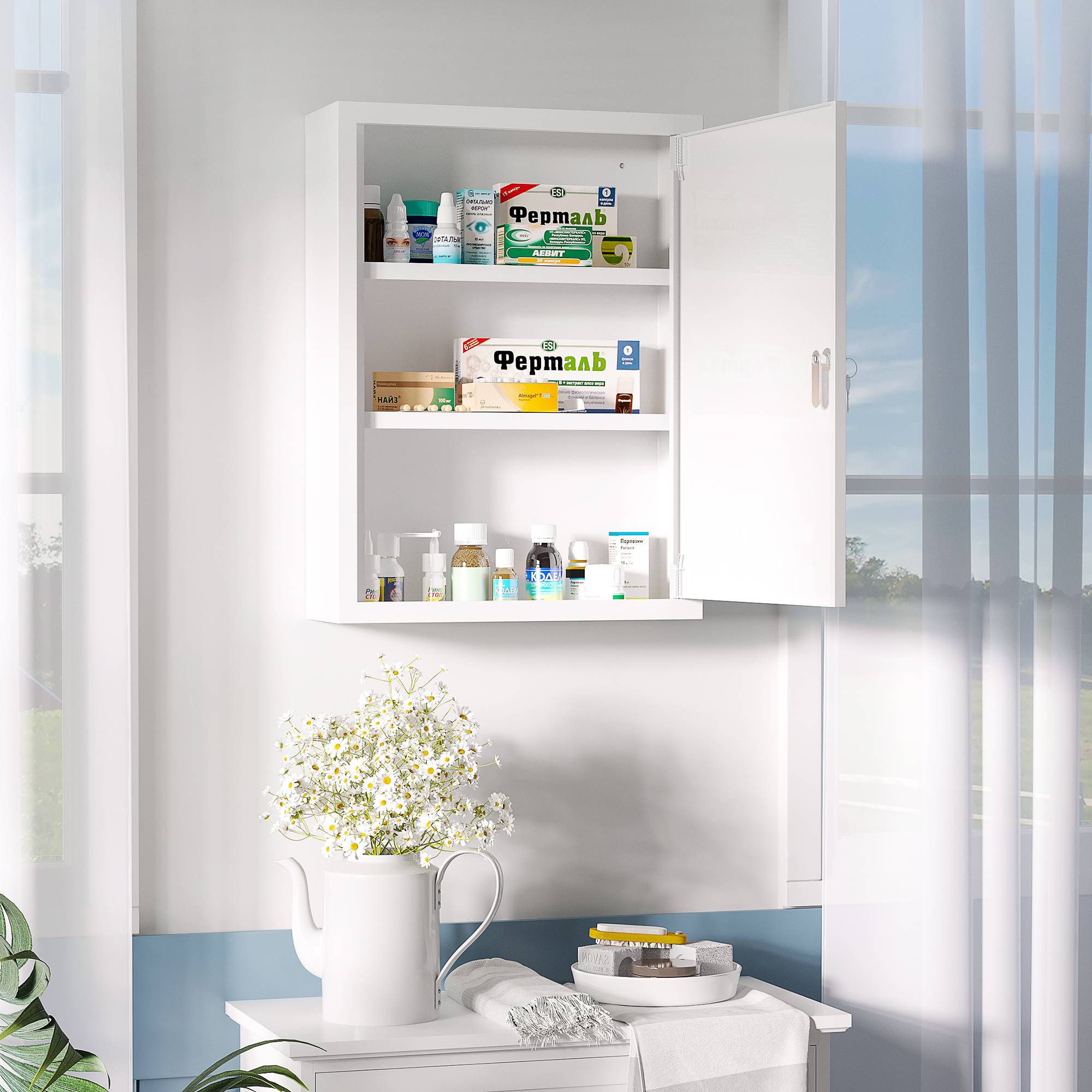Sans Marque - Armoire pharmacie 3 étagères serrure 2 clés acier 40x15x53,5 cm blanche - Image 3