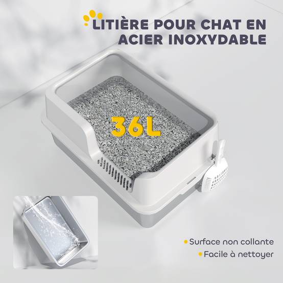 Bac à litière acier inoxydable intérieur rebords surélevés anti-fuite 60x40x28cm gris - ComfortXL Outdoor Living - Image 7