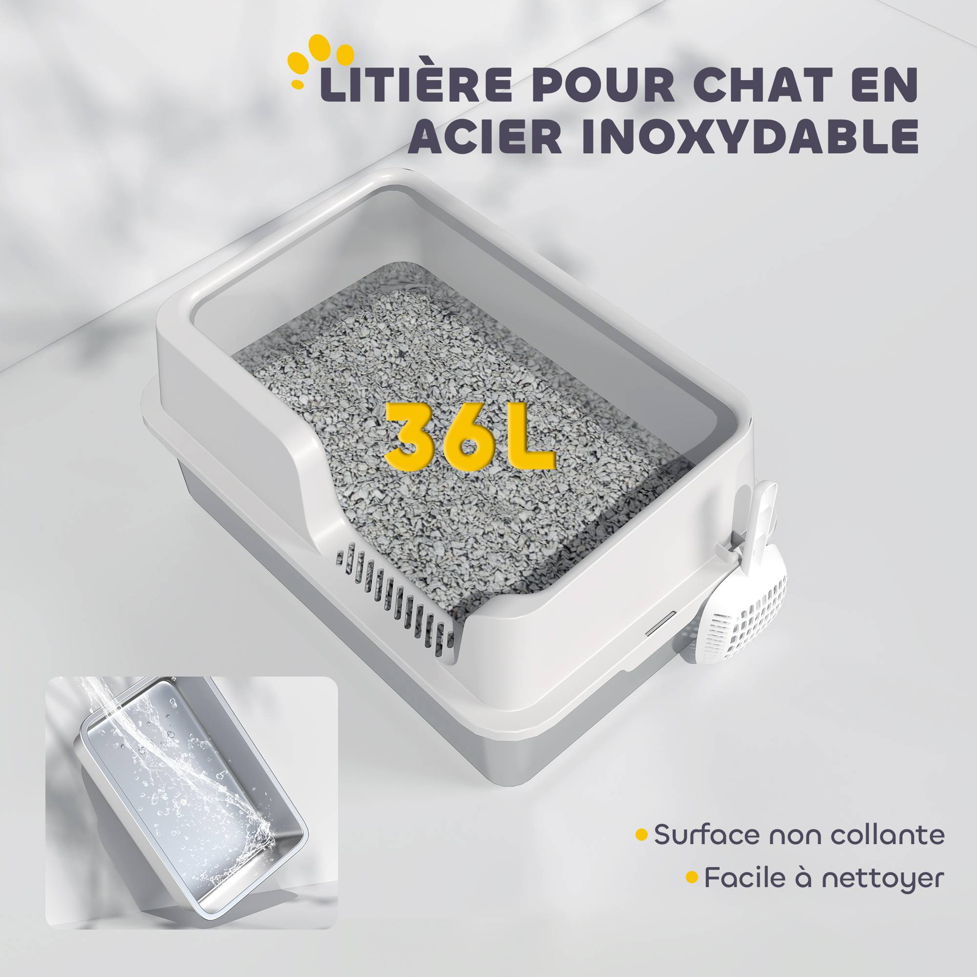 Bac à litière acier inoxydable intérieur rebords surélevés anti-fuite 60x40x28cm gris - ComfortXL Outdoor Living - Image 7