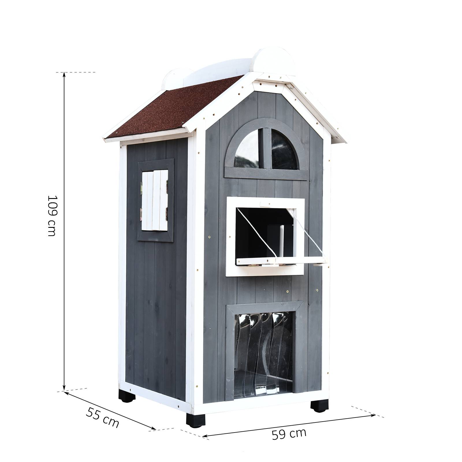 Sans Marque - Maison chat extérieur 2 étages Bois sapin résistante intempéries toit bitume, Gris, 59x55x109cm - Image 5