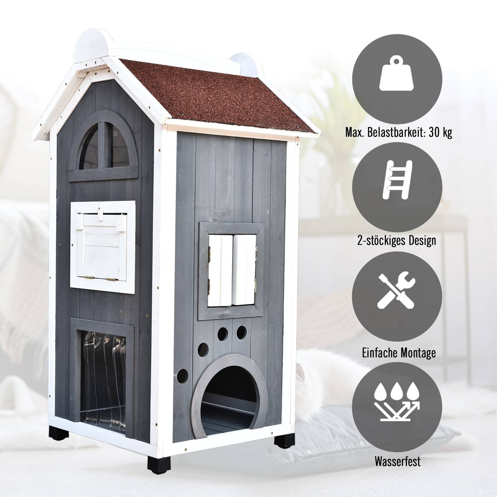 Sans Marque - Maison chat extérieur 2 étages Bois sapin résistante intempéries toit bitume, Gris, 59x55x109cm - Image 7