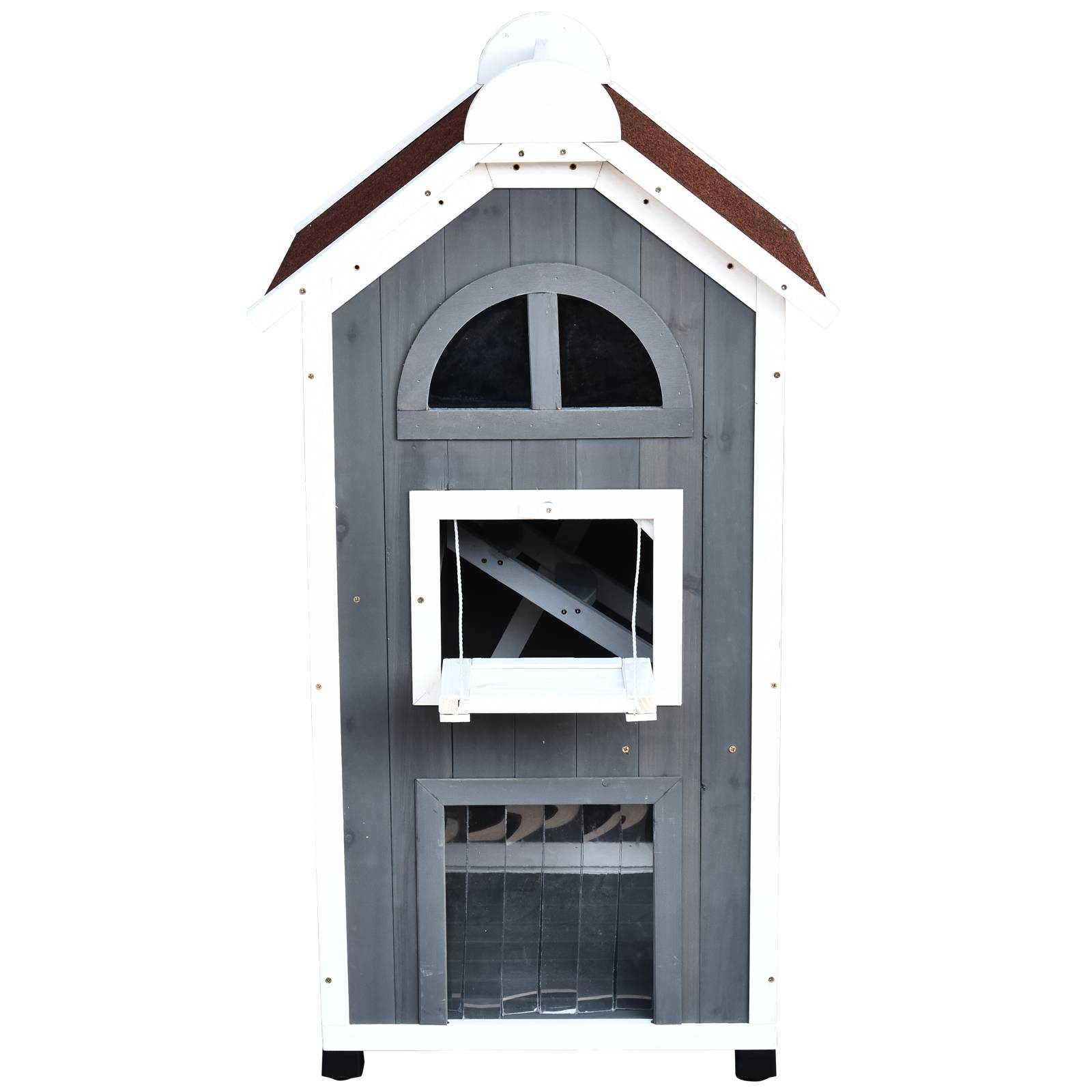 Sans Marque - Maison chat extérieur 2 étages Bois sapin résistante intempéries toit bitume, Gris, 59x55x109cm - Image 10