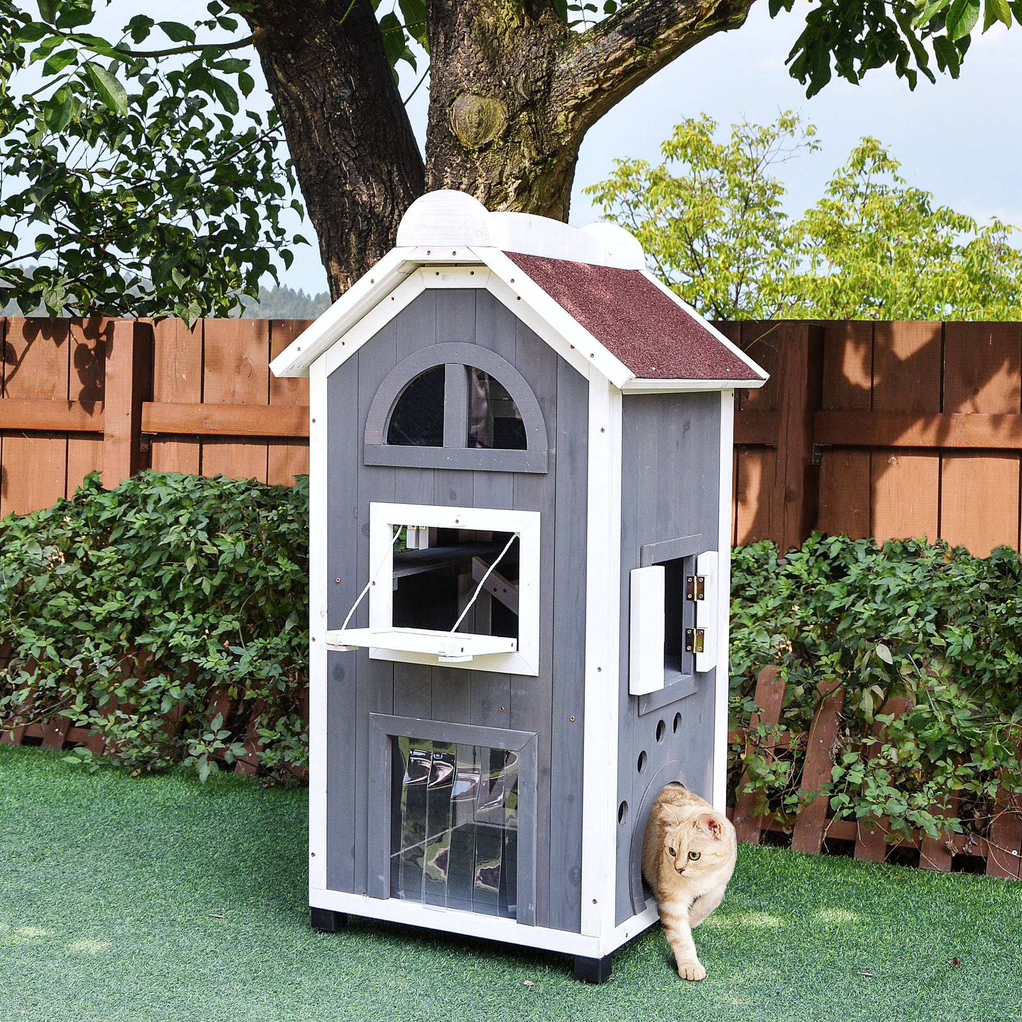 Sans Marque - Maison chat extérieur 2 étages Bois sapin résistante intempéries toit bitume, Gris, 59x55x109cm - Image 4