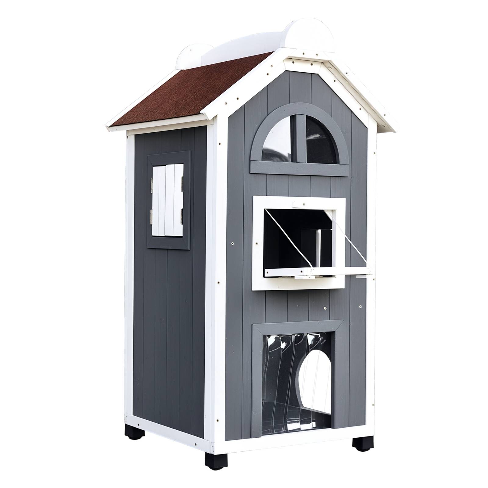 Sans Marque - Maison chat extérieur 2 étages Bois sapin résistante intempéries toit bitume, Gris, 59x55x109cm - Image 1